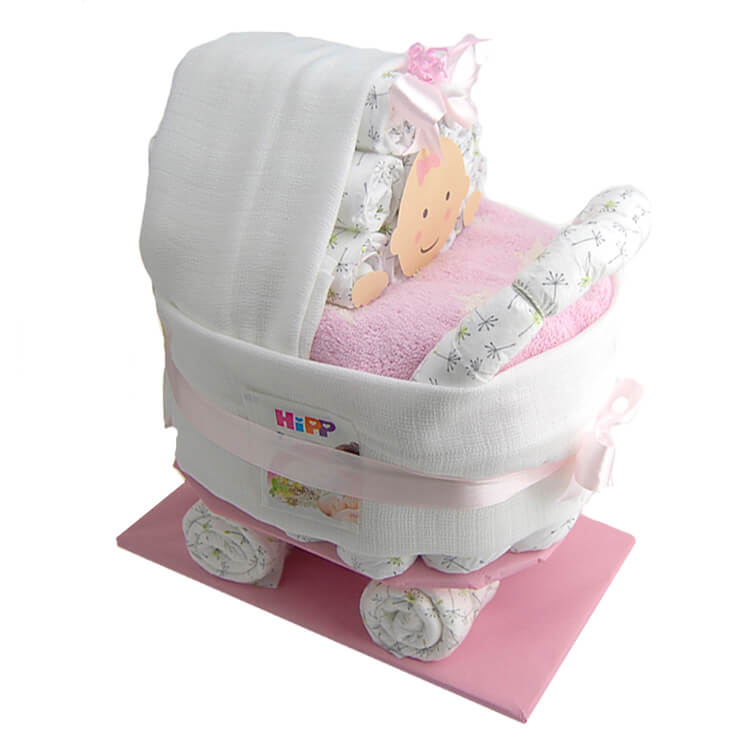lila Windeltorte Windeltorte mit Windelkinderwagen XL-Reifen Geburt 