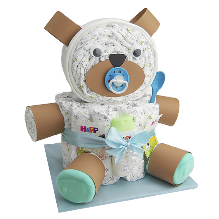 mit Plüschtier Baby-Geschenk zur Geburt Taufe Babyshower 1 Stöckig mini Windeltorte Junge Teddy-Bär MomsStory Rot-Blau 