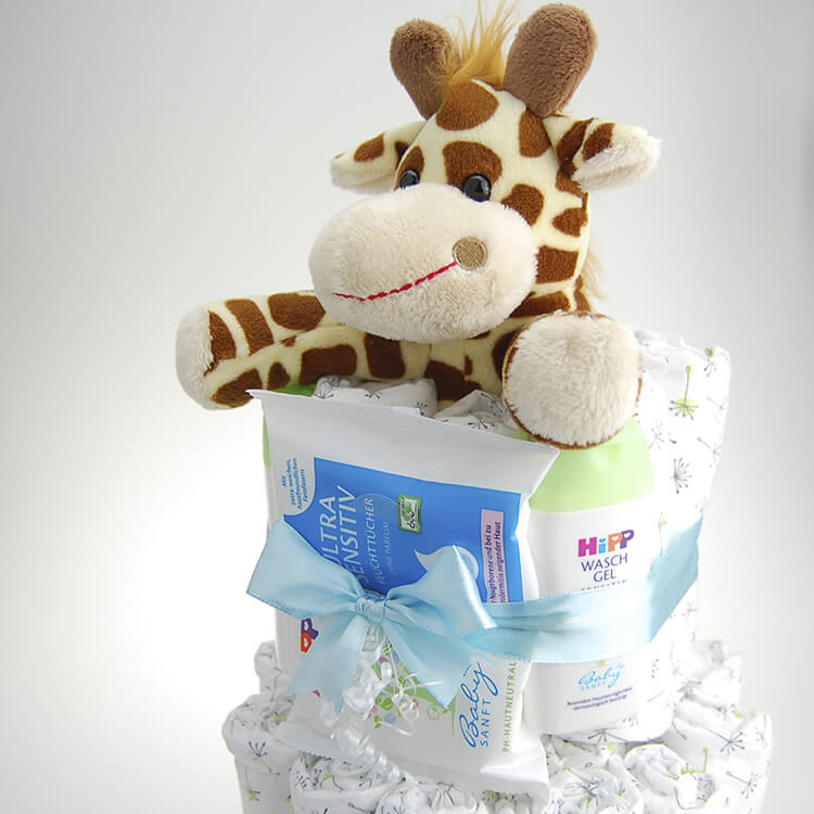 Deluxe 2 Ebenen creme Giraffe Windel Torte unisex Design fürs Baby Junge oder Mädchen 