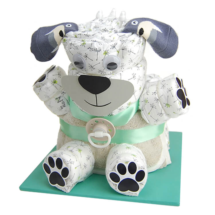 Baby-Geschenk zur Geburt Taufe Babyshower MomsStory Hund Windeltorte Junge mit Plüschtier Lätzchen Schnuller & mehr 1 Stöckig Beige-Braun 
